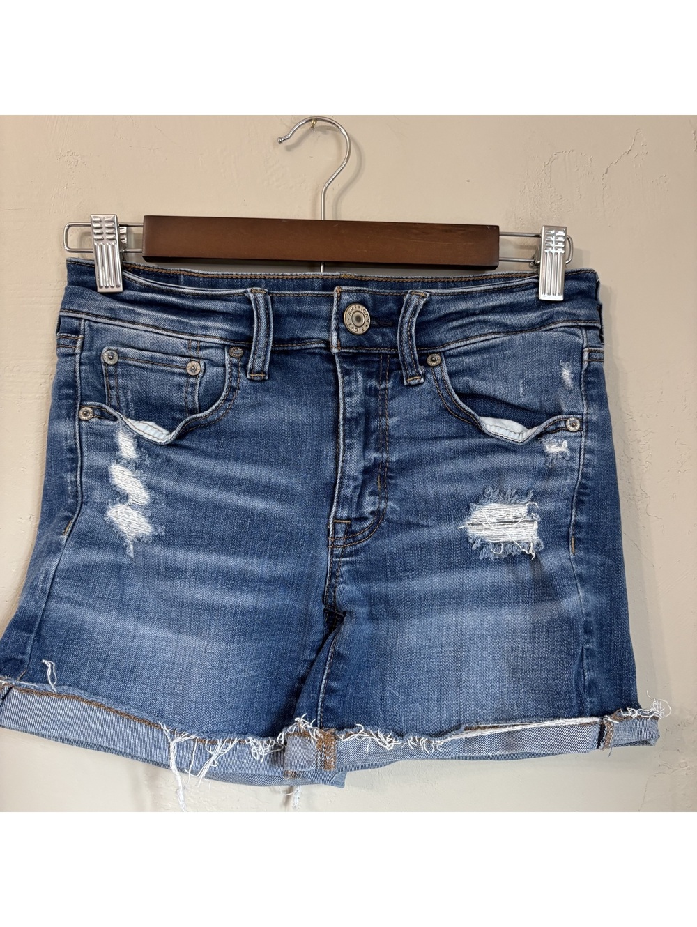 American Eagle Super Stretch Midi Denim Shorts Womens 2 Distressed Cuffed Hem